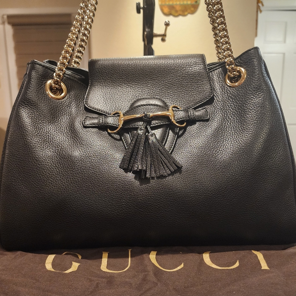 New Gucci Black Leather Emily Shoulder Bag Crossbody Bright Brass Nwt & Duster